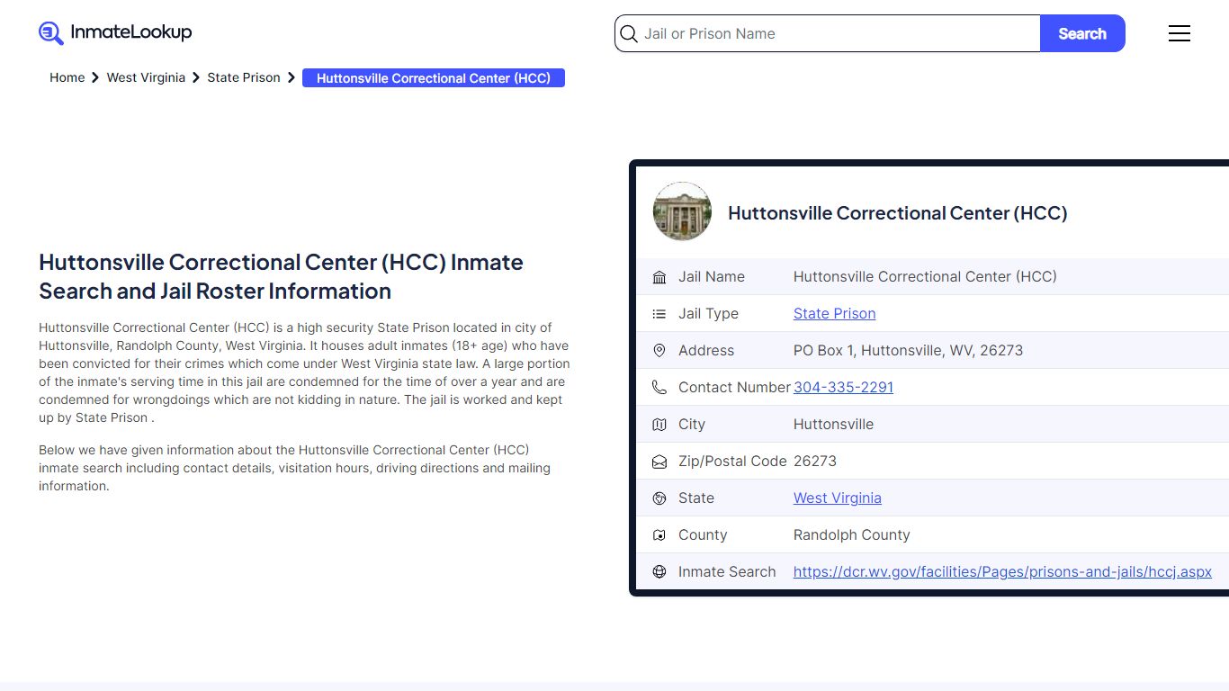 Huttonsville Correctional Center (HCC) Inmate Search, Jail Roster ...